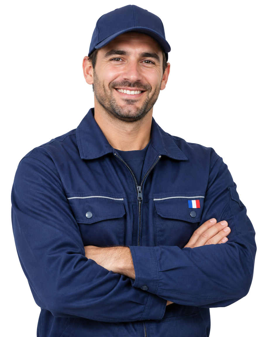 Artisan MOMO DU BATIMENT souriant en tenue de travail bleue