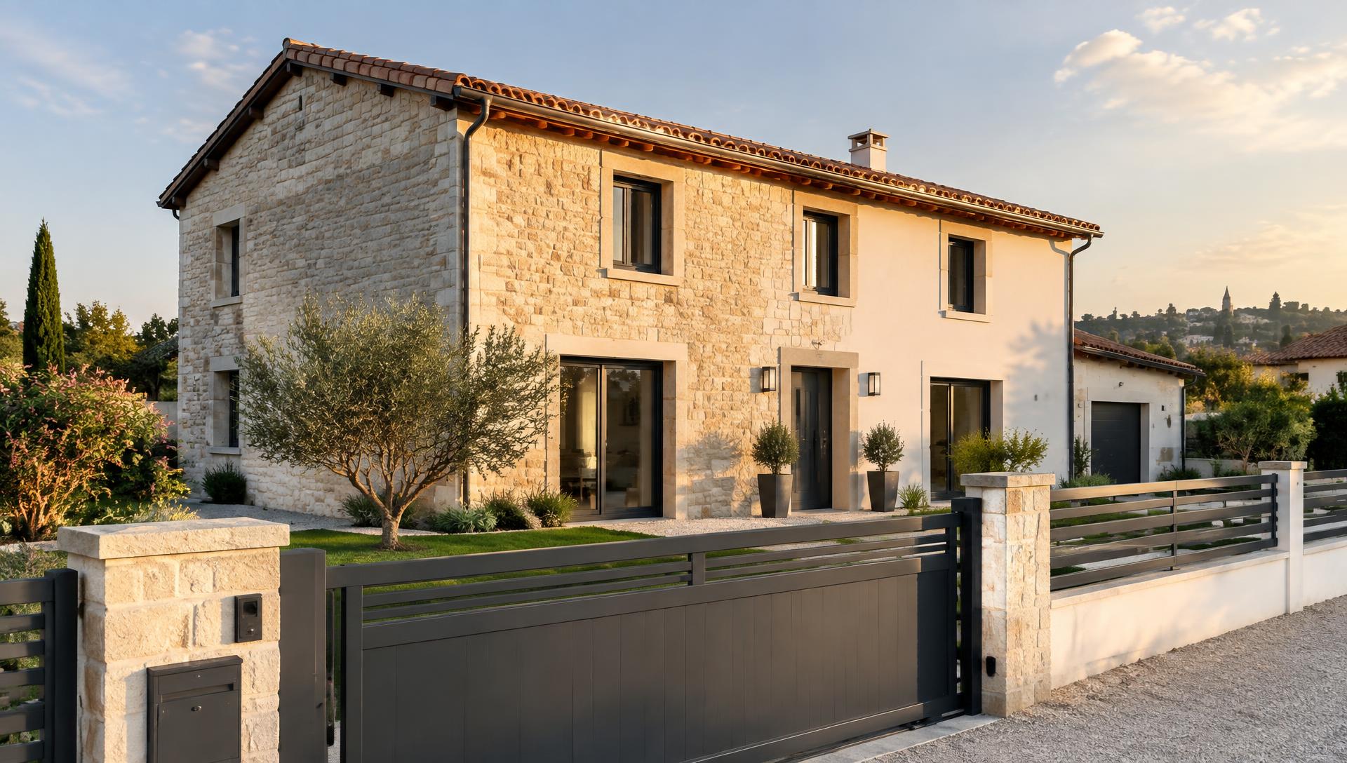 Maison en pierre rénovée avec portail et clôture aluminium près de Toulouse